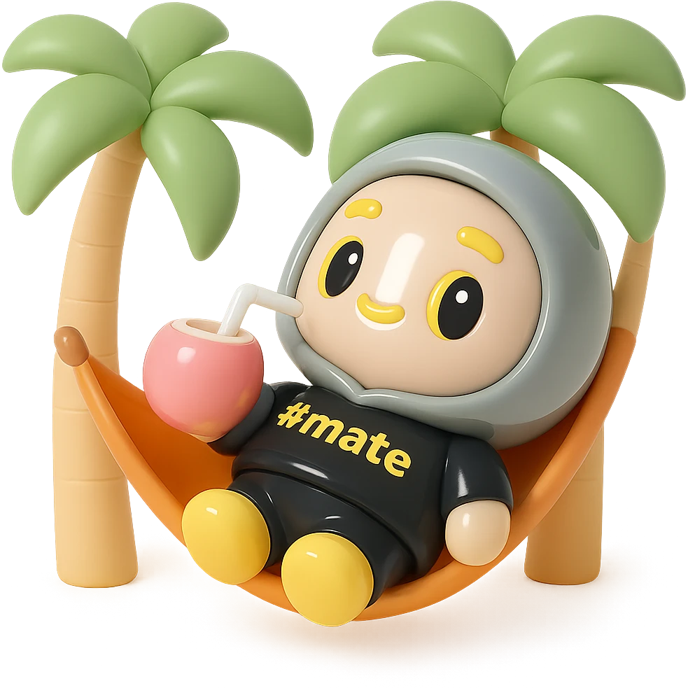 Make the character lying in a hammock on the beach under palm trees, drinking a coconut cocktail through a straw. Use 3D kawaii chibi style with vinyl figure appearance, matte texture, soft lighting, chibi proportions. Keep the color scheme and facial and clothing details as in the original. Use a white or creamy white background with no extra elements. emoji