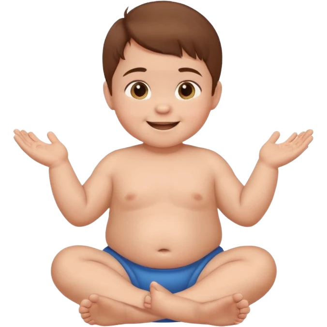 A smiling baby boy with brown hair, sitting down, moving its arms and hands. emoji