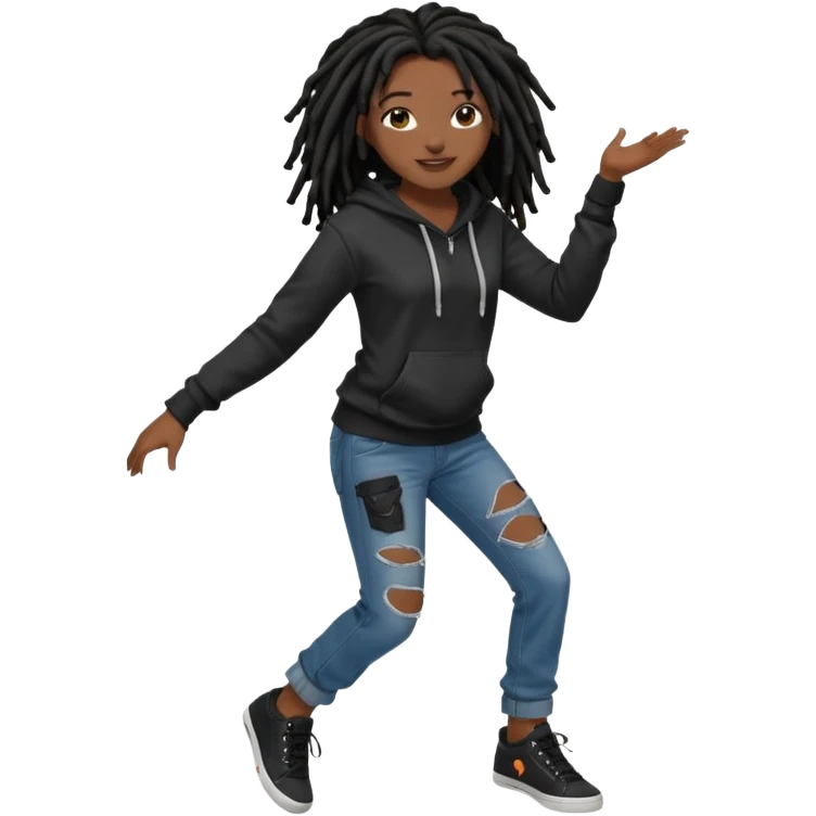 African American dark skin girl with black dreadlocks with brown tips wearing a plain black hoodie wearing denim jeans and shoes dancing in music video emoji