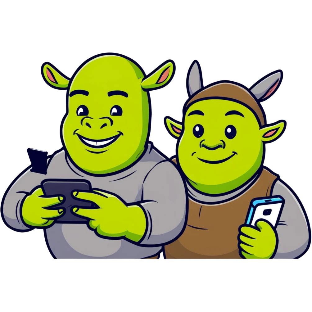 Shrek and Donkey texting on their phones emoji
