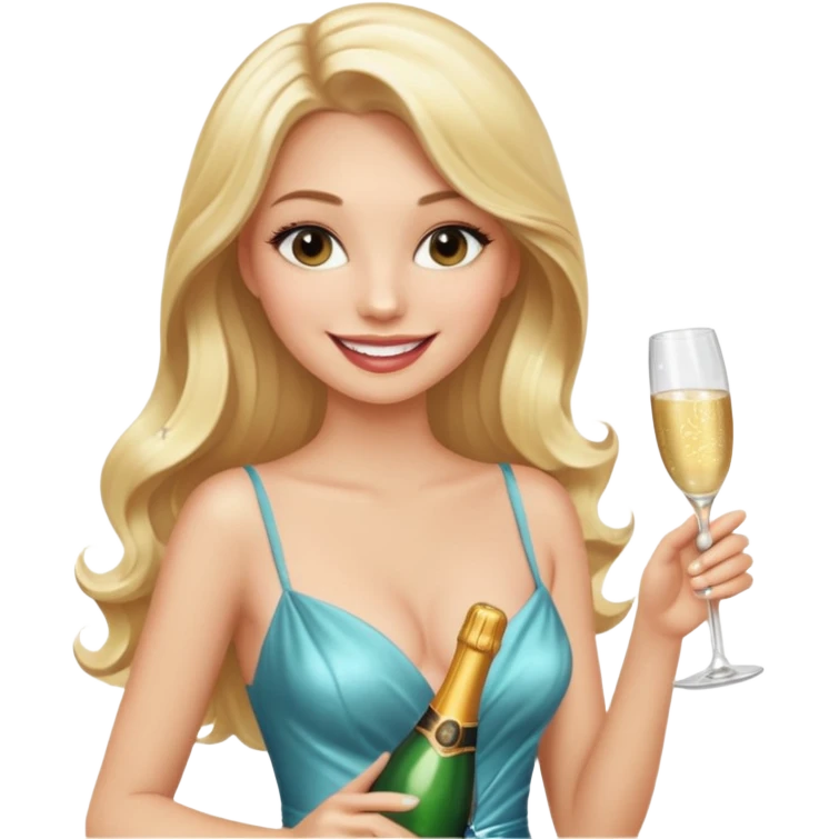 Glamorous blonde lady holding champagne bottle, long hair with makeup smiling sexy emoji