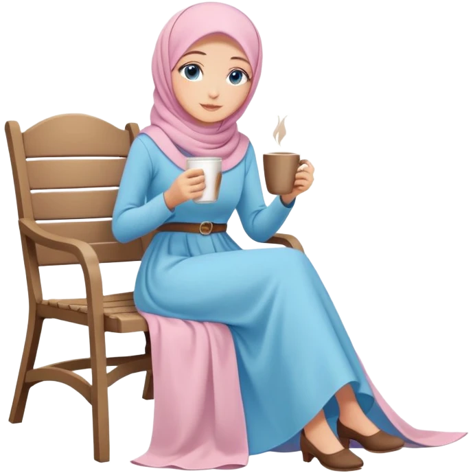 Turkish beautiful finish Konya girl blue eyes with pastel hijab long tail dress and sits on the chair on the ground and holds cup coffe with her hand  emoji