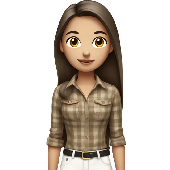 a brunette girl with long straight hair stands in a brown checkered shirt and white pants with a small black handbag emoji
