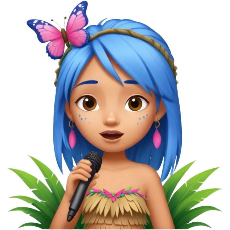 Pixar style Blue and pink tiki girl singing with butterfly and in the mikrophone emoji
