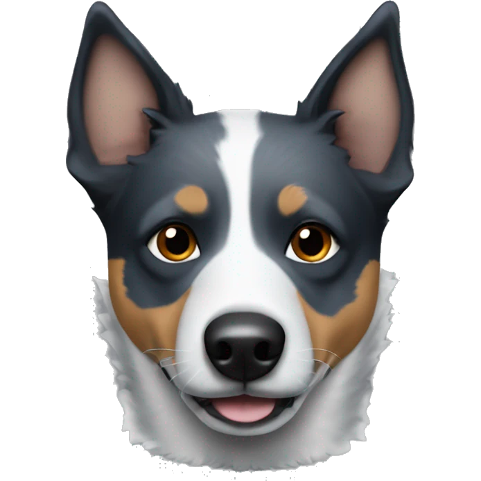Blue heeler dog with mostly black and a small crooked white stripe up nose and forehead emoji