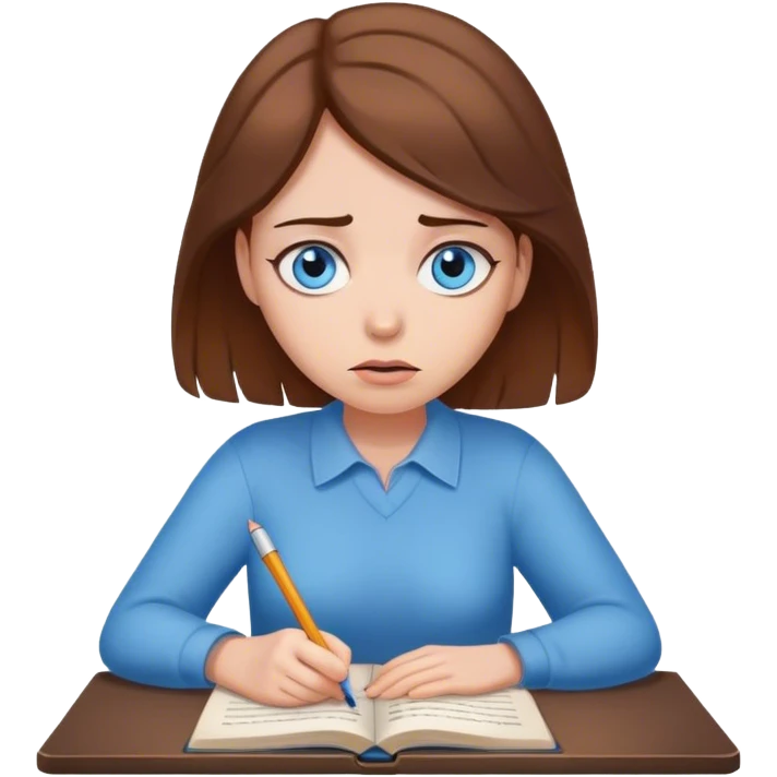 female writer, romantic, with brown hair, fair skin and blue eyes writing a book with a worried face emoji