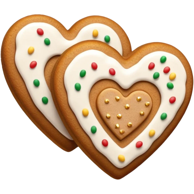 two gingerbread heart cookies with white holiday icing emoji