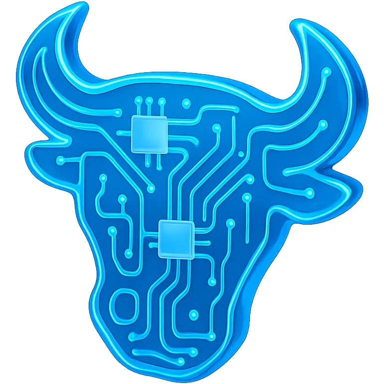 Make the bull head logo much more abstract, focusing on neon blue circuit patterns, in glossy circuit style. emoji