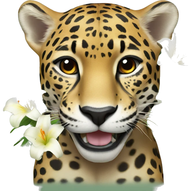 A jaguar smiling with a lily in her ear emoji