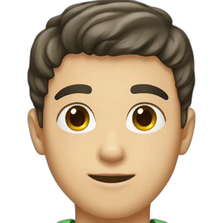 A young man with very short dark hair and light green eyes and dig cheeks emoji