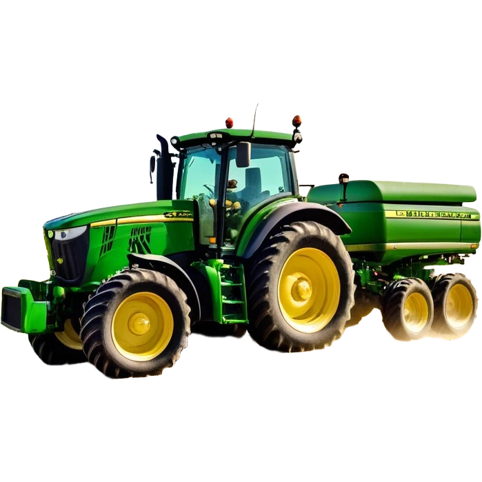 John Deere 6155M (2020) – Cinematic-realistic John Deere 6155M tractor, its iconic green and yellow body rolling across vast Australian farmlands. The powerful engine hums as it tows a massive plow, cutting through golden fields under a clear blue sky, dust rising in its wake. emoji