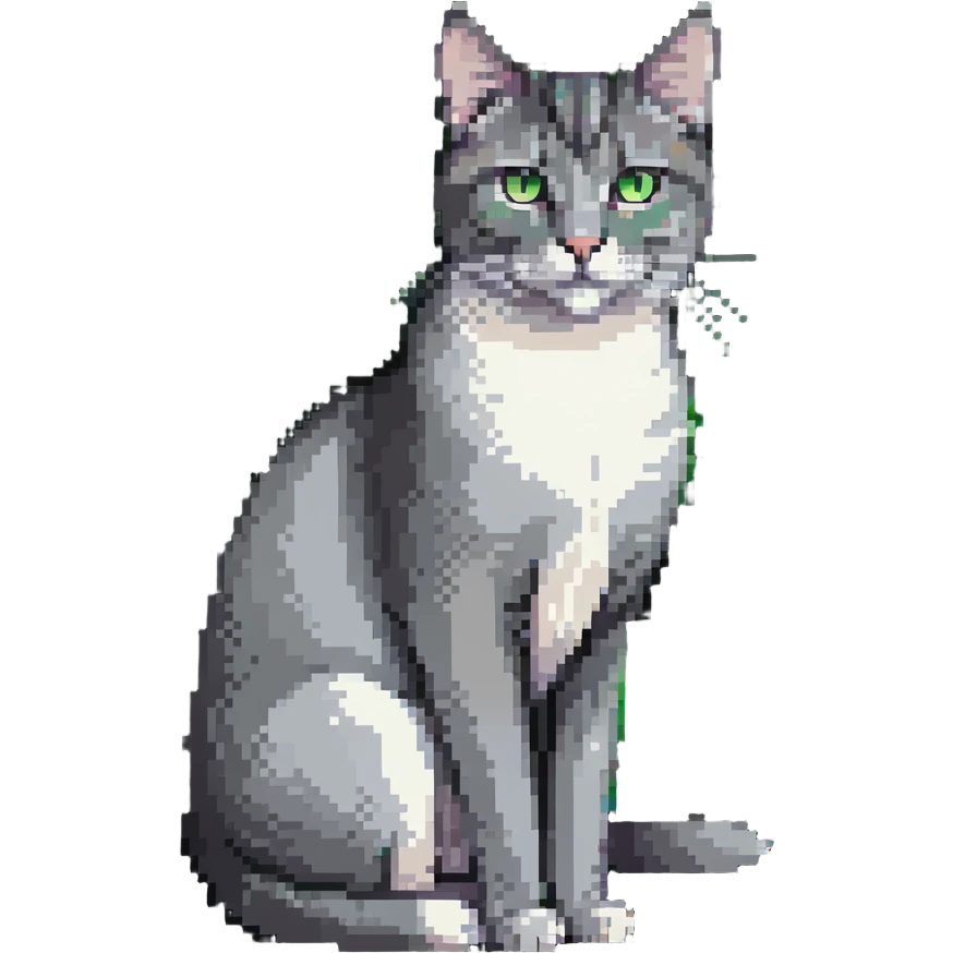 Elegant gray cat with smooth fur, large green eyes, serene expression, sitting facing camera emoji