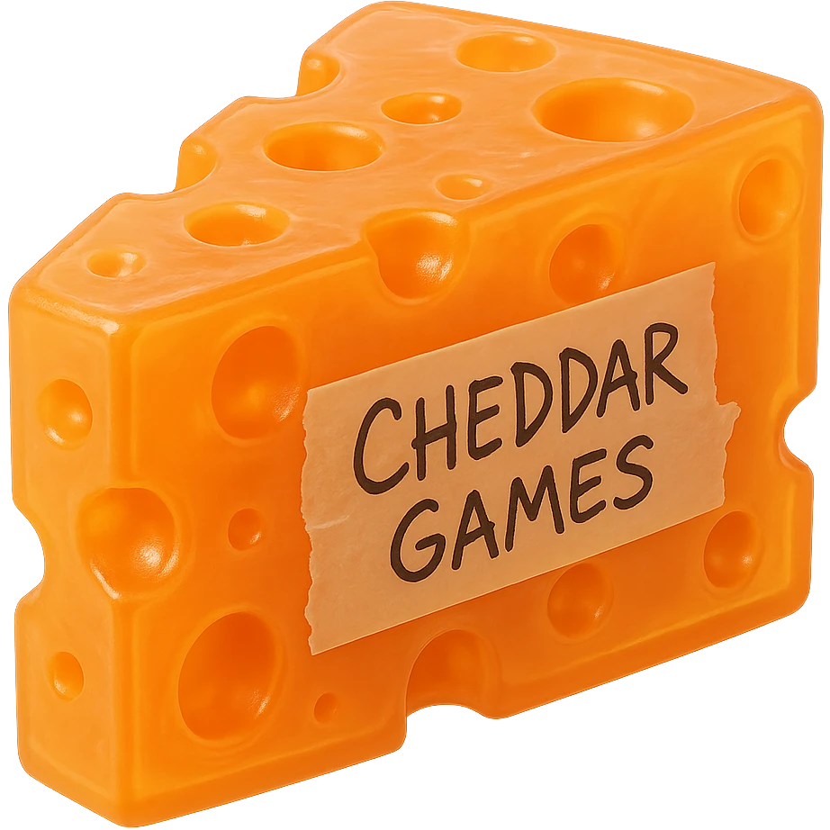 A clear, transparent orange block of cheddar cheese with holes like Swiss cheese, hyper-detailed plastic texture reminiscent of a 90's toy, soft reflections on soft flat plastic, soft and almost squishy appearance, some cloudiness, not shiny, hyper-realistic, retro, highly detailed, appealing, glowing slightly. A piece of tape messily taped to the side with 'Cheddar Games' written in messy Sharpie. Extremely high quality, no background. emoji