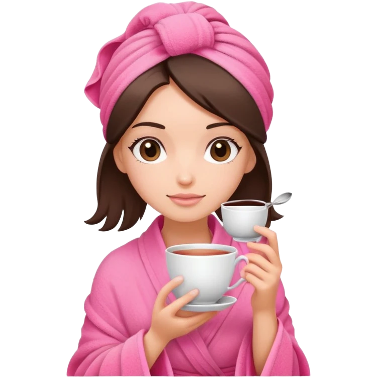 brunette girl hair wrapped in pink towel holding tea with both hands emoji