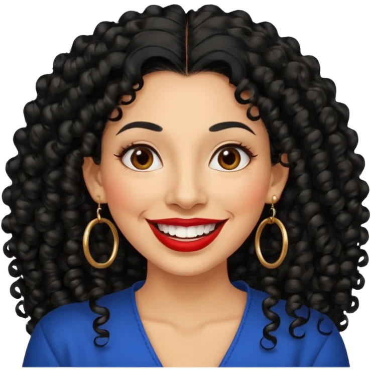 40 yr old peruvian woman, very curly long black hair, red lipstick, big smile, white teeth, brown eyes, hoop earings emoji