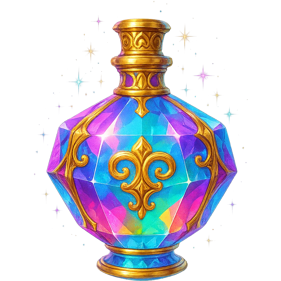 very luxurious crystal colorful chewing gum style elixir bottle, bright colors, lots of glow, edges, ornaments, golden details, magical effects, very small golden neck, transparent background, beautiful seamless bottom, bottle clearly floating in air, no base or shadow, premium class, playful, matching a collection emoji