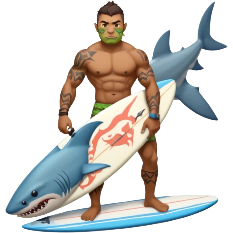 orc male holds a surfboard with a shark painted vertically in his hands emoji