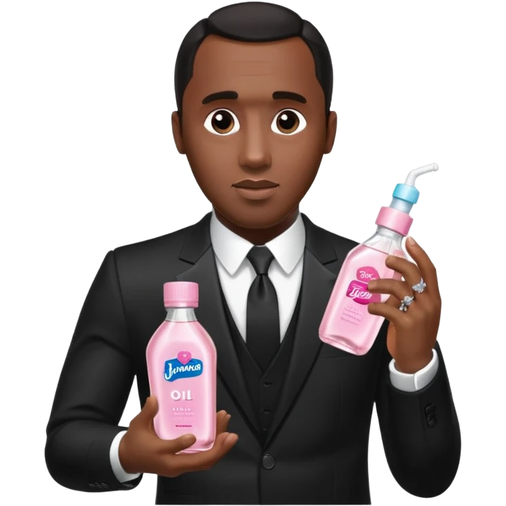A realistic product shot of a transparent bottle of Johnson’s Baby Oil by Johnson & Johnson, featuring a soft pink label. The oil inside is crystal clear and glossy. Sean "Diddy" Combs in black suit is holding the bottle emoji