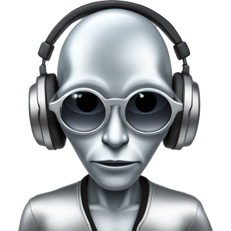 serious silver humanoid alien, being a DJ, with very cool and modern sunglasses, the silver lens of the glasses emoji