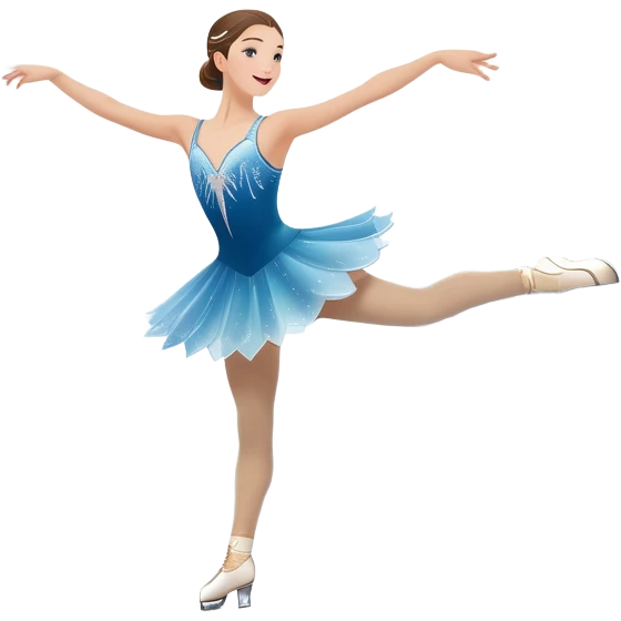 An icon showing a graceful figure skater mid-spin on a sparkling ice rink, wearing an elegant costume. The background features festive arena lights, snowflakes, and cheering spectators. Transparent background captures the beauty, artistry, and elegance of figure skating. emoji