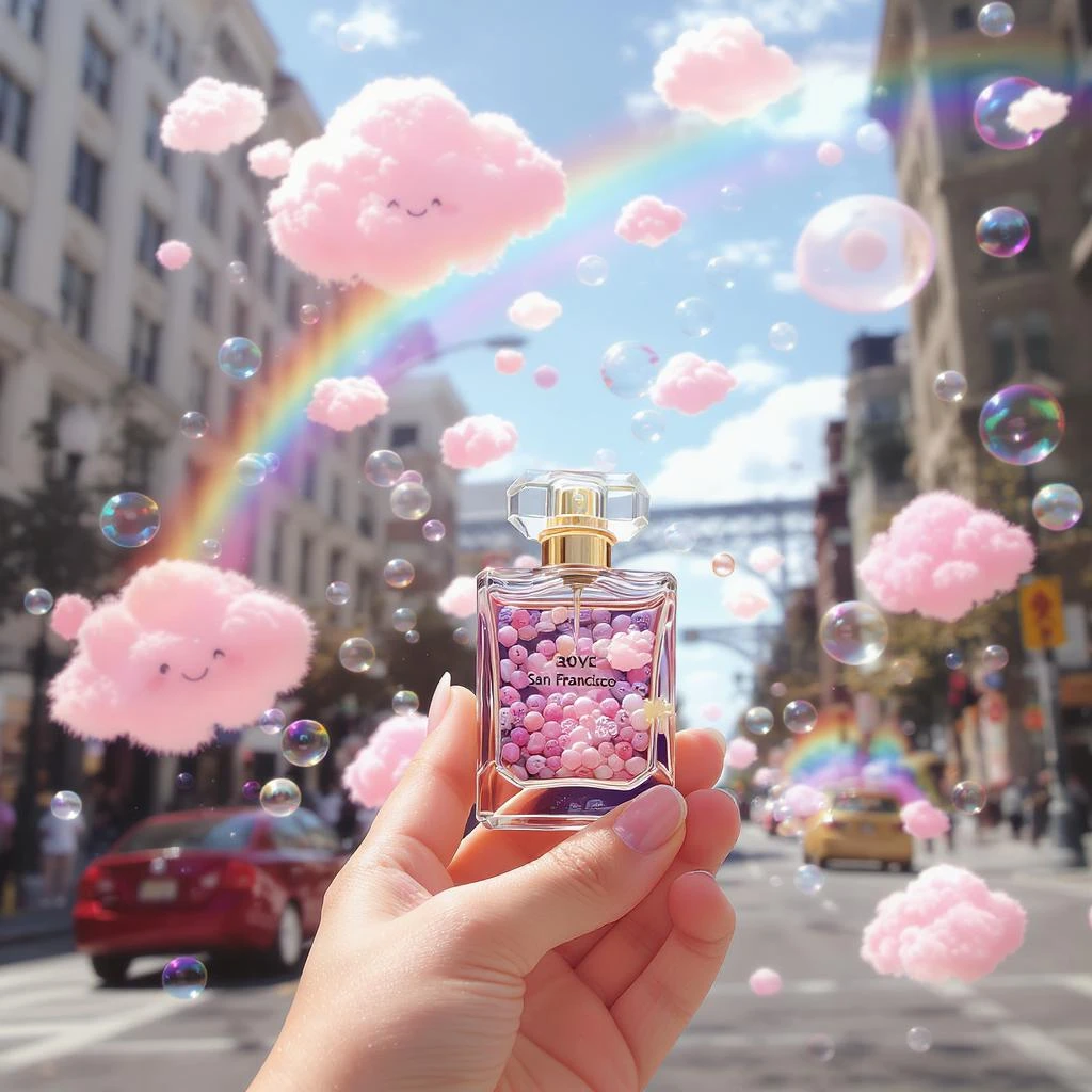 Cinematic still perfume inside bubbles flying around San Francisco downtown, sunny summer day, happy vibe, colorfull surround, rainbow, small cute pink clouds around emoji