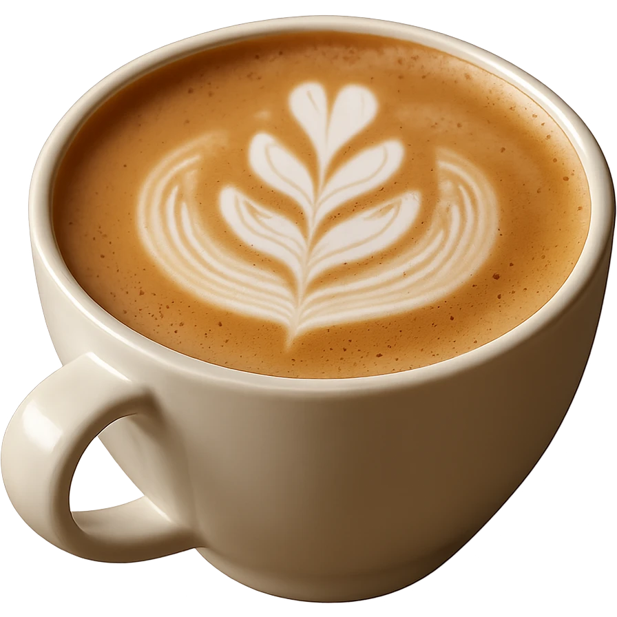 Create a realistic latte with gentle lighting and realistic texture. The image should have no background. Use a photorealistic style for the latte to emphasize the texture and lighting. emoji