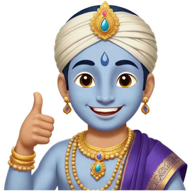 a playful and friendly depiction of the Hindu god Krishna with light gray skin, giving a flirty smile that shows his teeth, winking his right eye. He’s striking a two thumbs up. Dressed in traditional attire with a modern twist, set against a soft, divine glow that highlights his joyful and charismatic personality. emoji