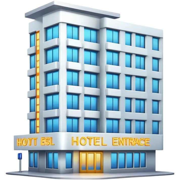 multi-story hotel building with many windows and glowing entrance sign emoji