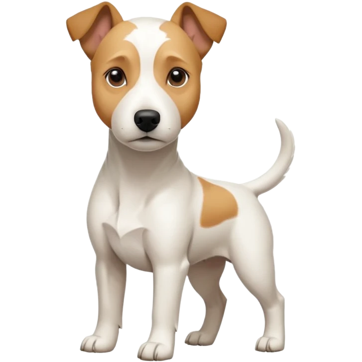 a full body facing front on of a buff white parson russell terrier looking dog the size of a kelpie with light brown long ears resting on its face and a light brown patch on one eye and a large snout. the rest of the dog is completely white.  emoji