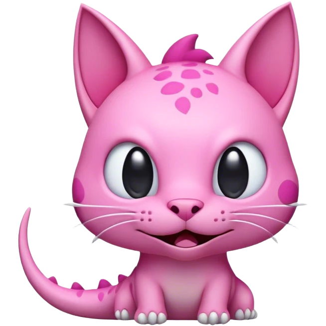 Create a front-facing, emoji-style illustration of a pink dinosaur-cat hybrid. The character should have a goofy, innocent, and slightly confused expression. It should have cat-like ears but a slightly elongated snout, subtle dinosaur-like scales, and a round, soft head. The design should be cartoonish, minimalistic, and stylized, resembling an Apple Memoji or an emoji. Use bold outlines, smooth gradients, and a glossy finish to match the modern digital emoji aesthetic. The background should be transparent or a simple solid color to make it adaptable for stickers, avatars, or messaging apps. emoji