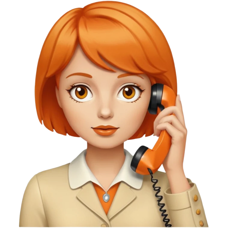 upper body of a woman with short orange hair talking on a white 70s phone emoji