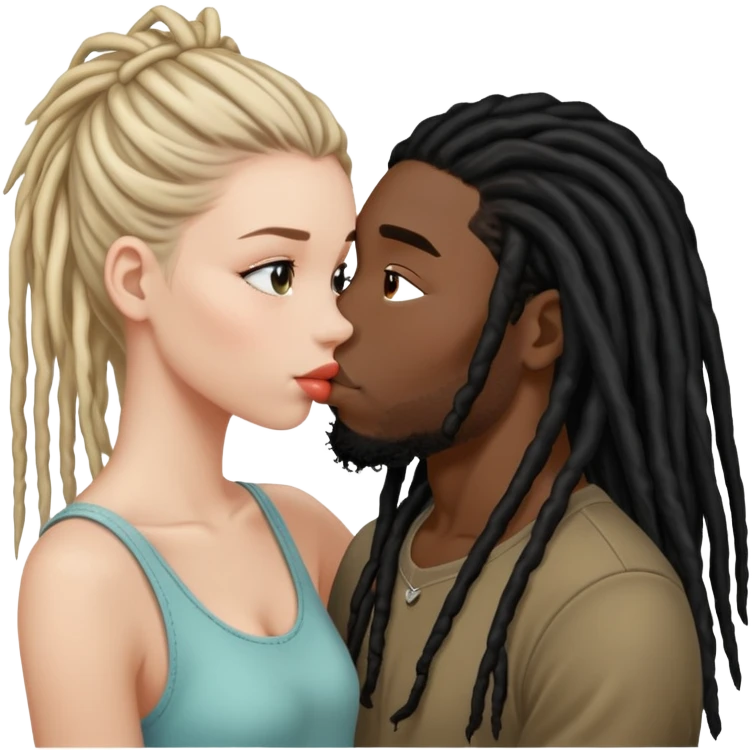 black guy with dreads kissing a white girl with black hair emoji