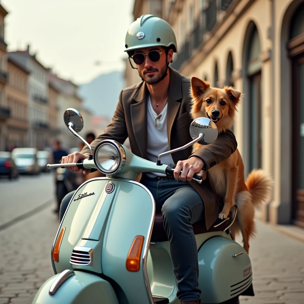 man and his pet dog riding a vespa emoji