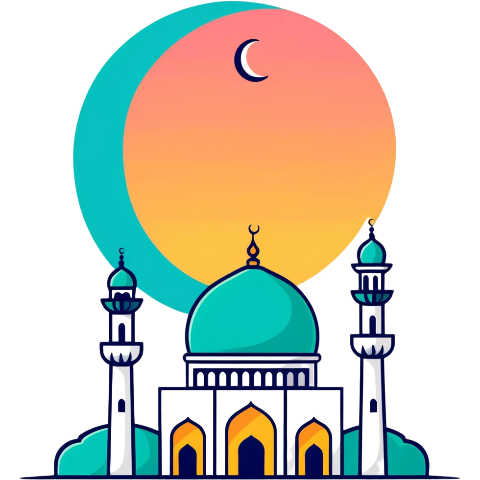 Mosque at sunset with crescent moon emoji