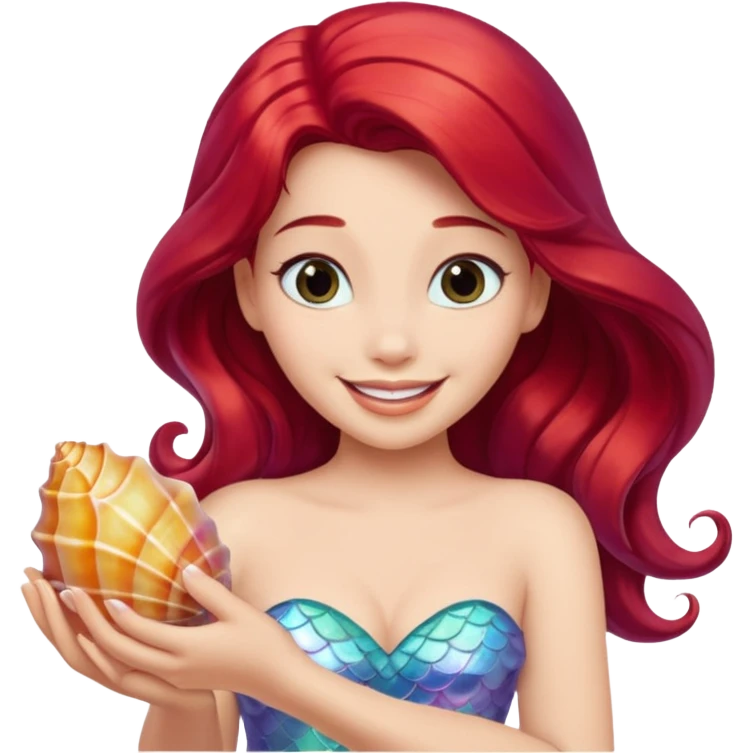 Princess Ariel emoji smiling, holding a seashell emoji