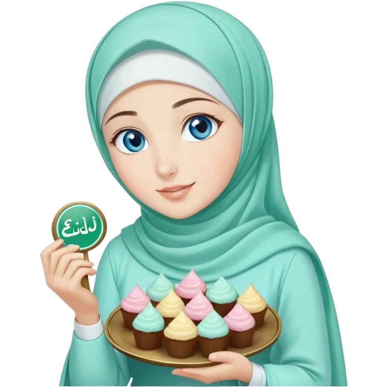 Turkish beautiful finish Konya girl blue eyes with mint hijab islamic dress and had on her hand text Eid Mubarak with sweets and celebrating with her friends eid days   emoji