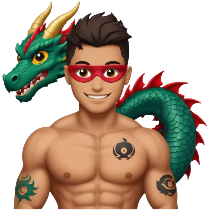 smiling muscular male portrait with a dragon tattoo and an eye patch emoji