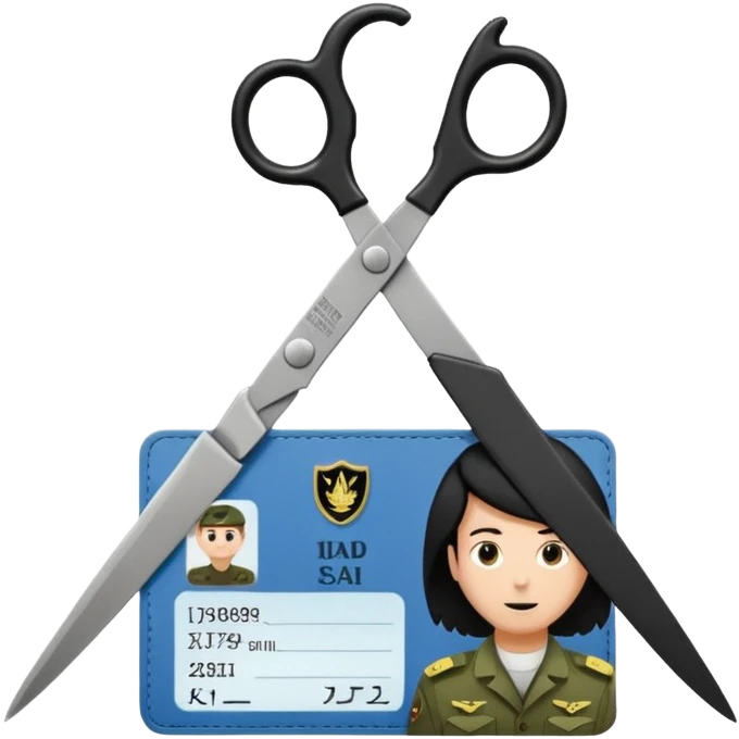 Floating black Scissors cutting in half an idf soldier ID card with a little chip in 2 parts emoji