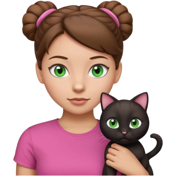 girl emoji with blue eyes, light skin, brown hair in a bun, wearing a pink t-shirt, with a black cat with green eyes, both looking forward emoji