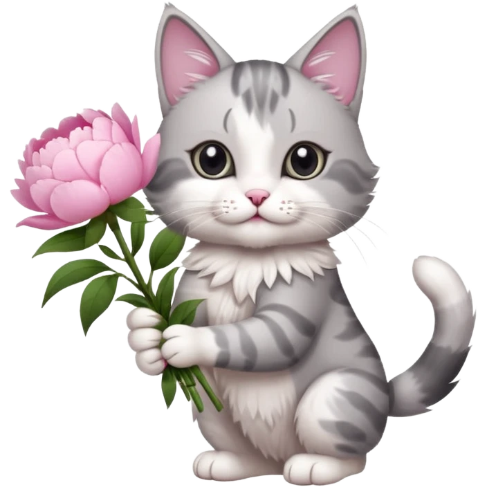 Cute cat Handing pink peonies like reaching a hand and handing them out a bouquet of them not a physical hand the cats hand  make the cat fluffy and grey and white  emoji