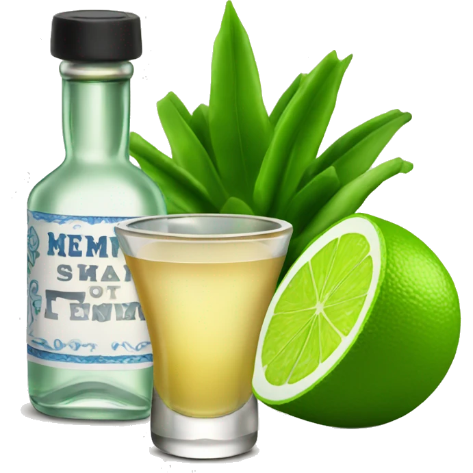 Tequila shot with a lime and a bottle of tequila in the background emoji