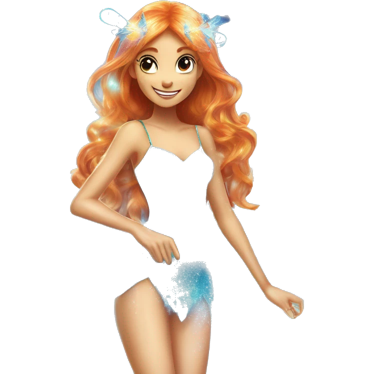 Bloom adult fairy of dragonflame in her enchantix fairy light blue sparkling two-piece clothing and fairy enchantix wings and long ginger hair in from winx club. Lots of sparkles and fairydust. Full body pic and full fairy bliss emoji