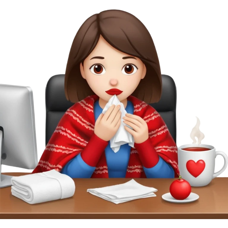 хвора дівчина сидить в офісі за столом, у неї в руках хустинка, червоний ніс, на столі серветки, чай emoji