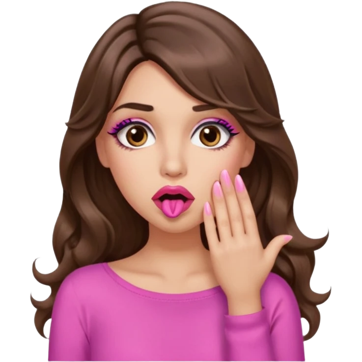 girl with long wavy brown hair, brown eyes, long lashes makeup, sexy pink lips, light to medium complexion, pink sexy top, shocked, hand covering mouth emoji