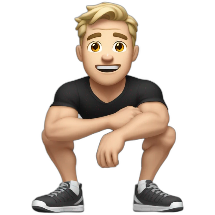 amazed Open with surprise mouth Pale skinned Fit Man With the biceps and dark brown hair in black shirt, gray sports shorts and white Sneakers emoji