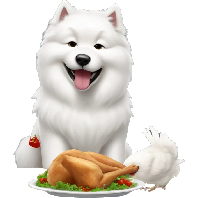 Samoyed eating a chicken emoji