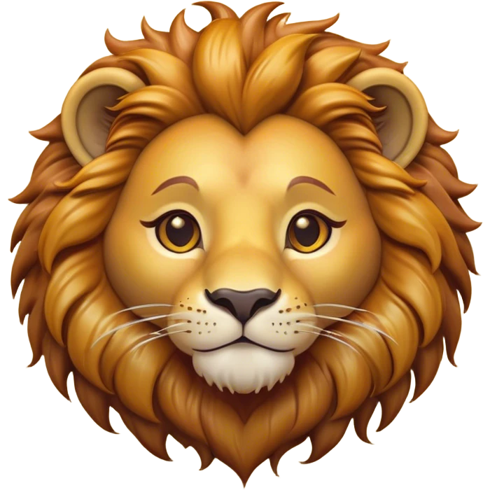 Cinematic Cute Lion Portrait Emoji, Head tilted playfully and inquisitively, featuring a glossy tawny Fur with a lush mane and round, sparkling amber eyes filled with curious mischief, Simplified yet irresistibly adorable features, highly detailed, glowing with a warm, friendly glow, high shine, affectionate and spirited, stylized with a touch of jungle whimsy, bright and endearing, soft glowing outline, capturing the essence of a mischievous yet loving lion, so playful it feels like it could pounce out of the screen and into your arms! emoji