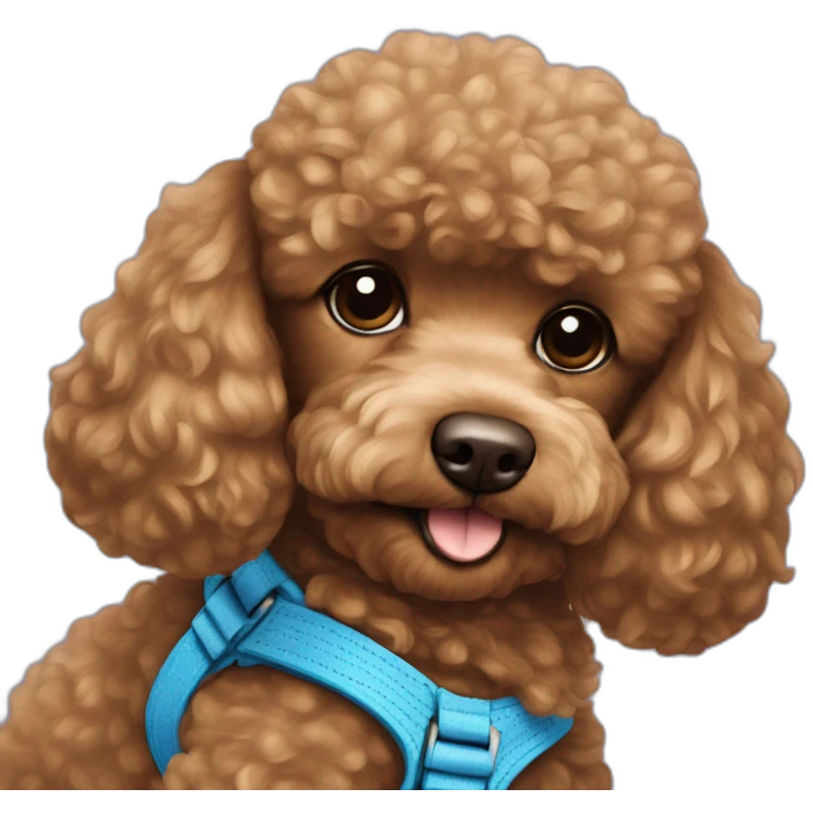 Brown-toy-poodle-with-teddy-bear-haircut-with-blue-harness emoji