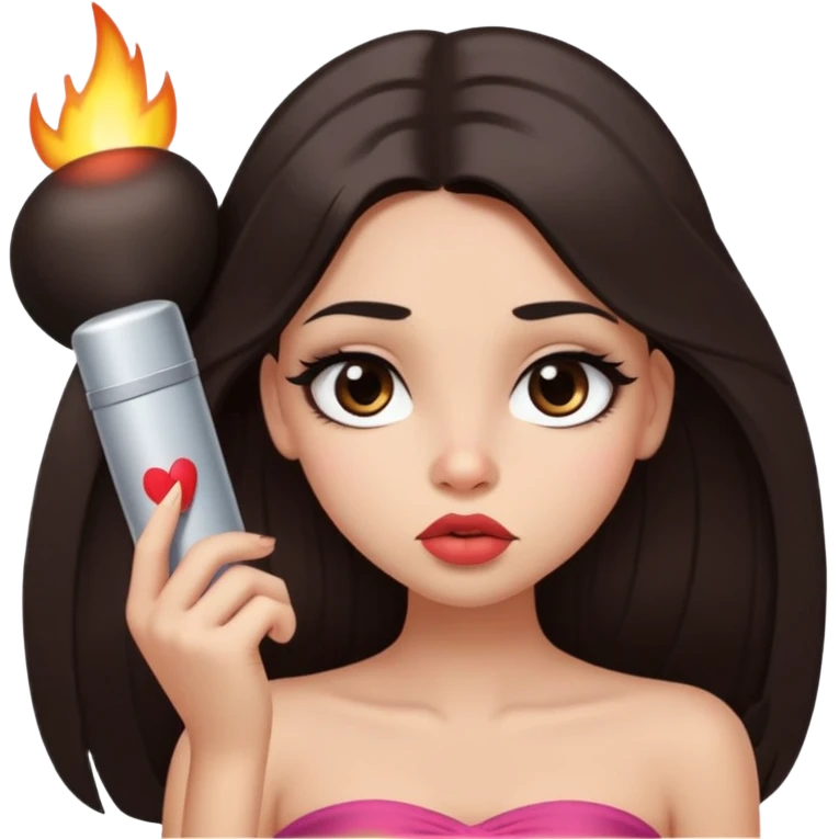 girl with lighter skin, dark brown long straight hair, pouty shiny lips without cupid's bow, large eyes, lighter button nose, long oval-shaped face, wearing a bandeau top emoji