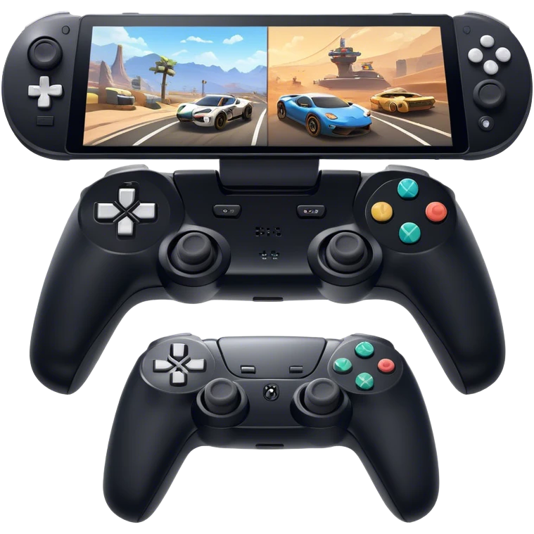 An icon showing a split-screen game display with two sections, each featuring different gameplay action. Two PS5 controllers rest below, symbolizing local multiplayer fun. The design captures the excitement of competitive and cooperative gaming. A transparent background emoji